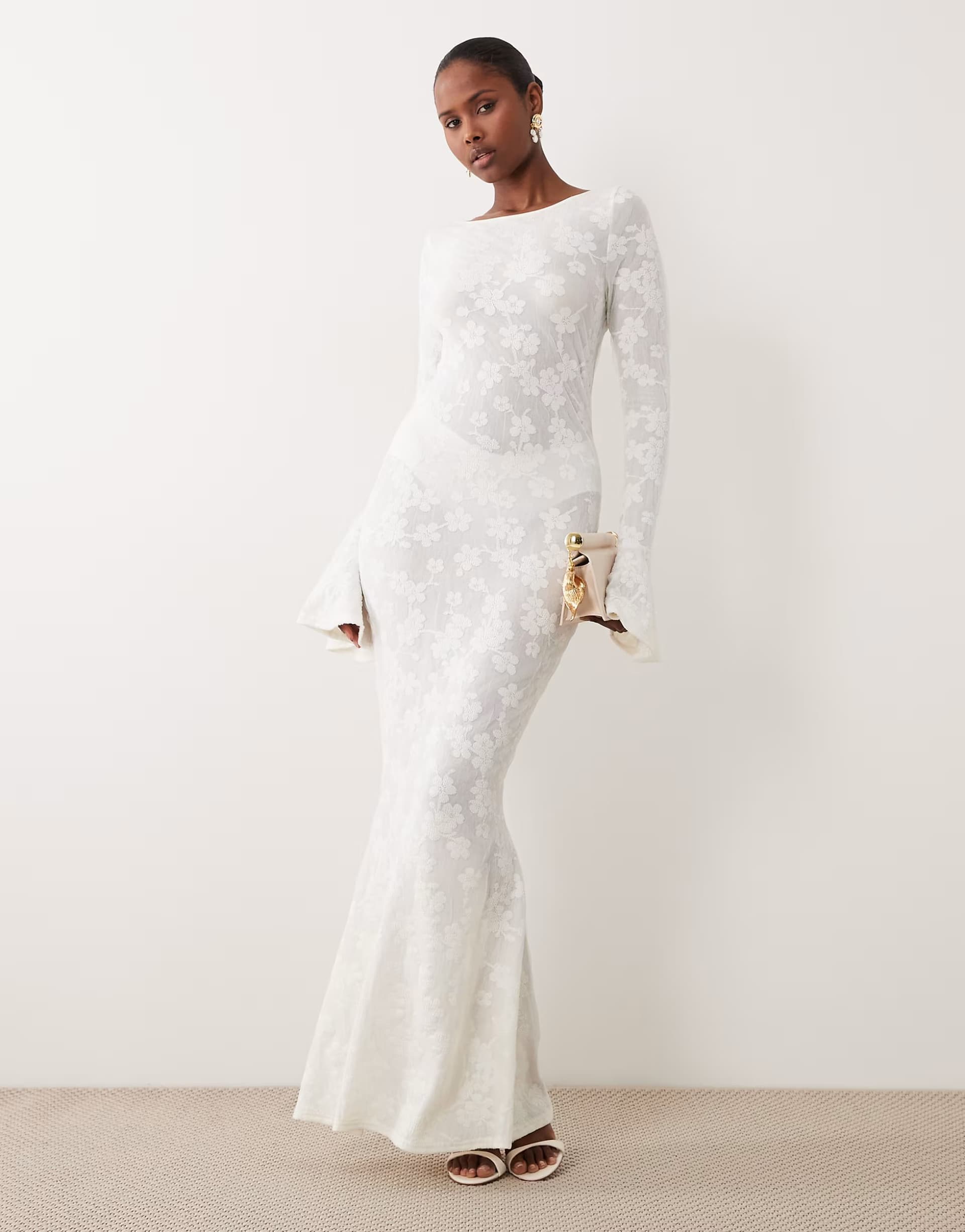 ASOS Noughts & Kisses devore floral bell sleeve lace up fishtail maxi dress in white