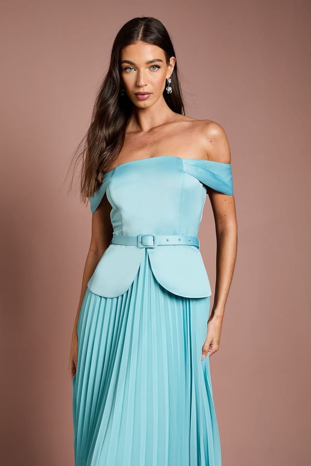 Coast Coast Women's Satin Bardot Top Pleat Skirt Midi Dress in Mint - 2
