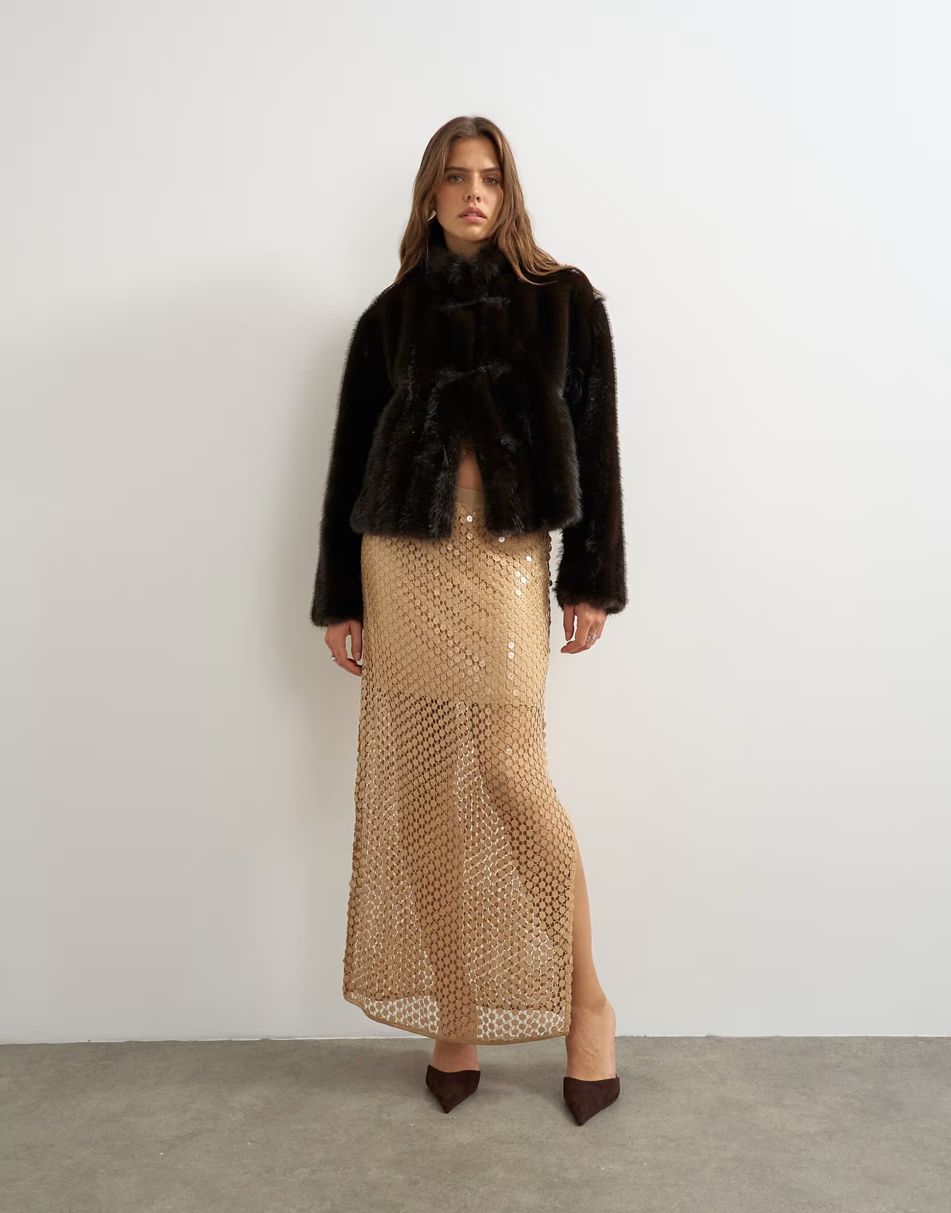 ASOS Topshop mesh sequin column maxi skirt in tan