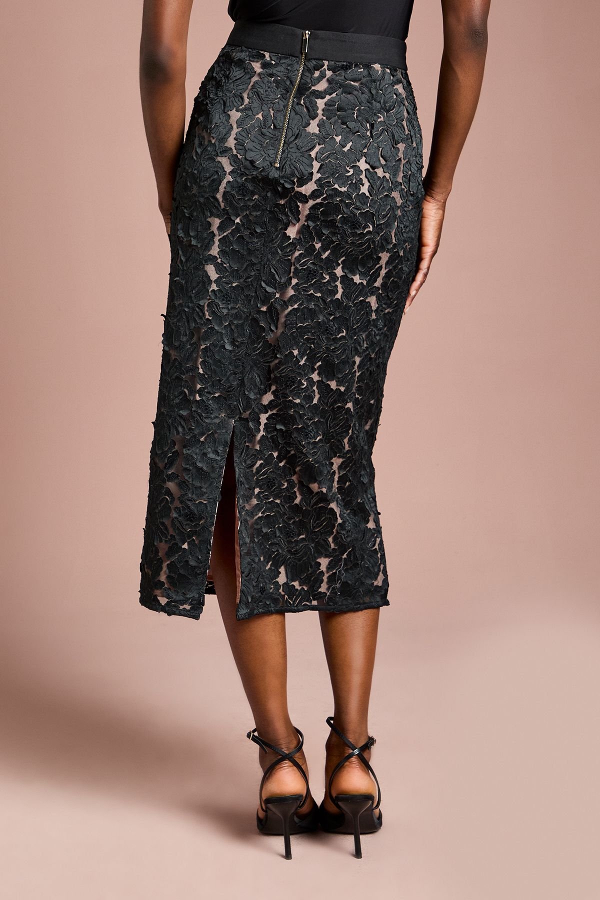 Coast Coast Women's Cutwork Embroidered Mesh Pencil Skirt in Black - 3