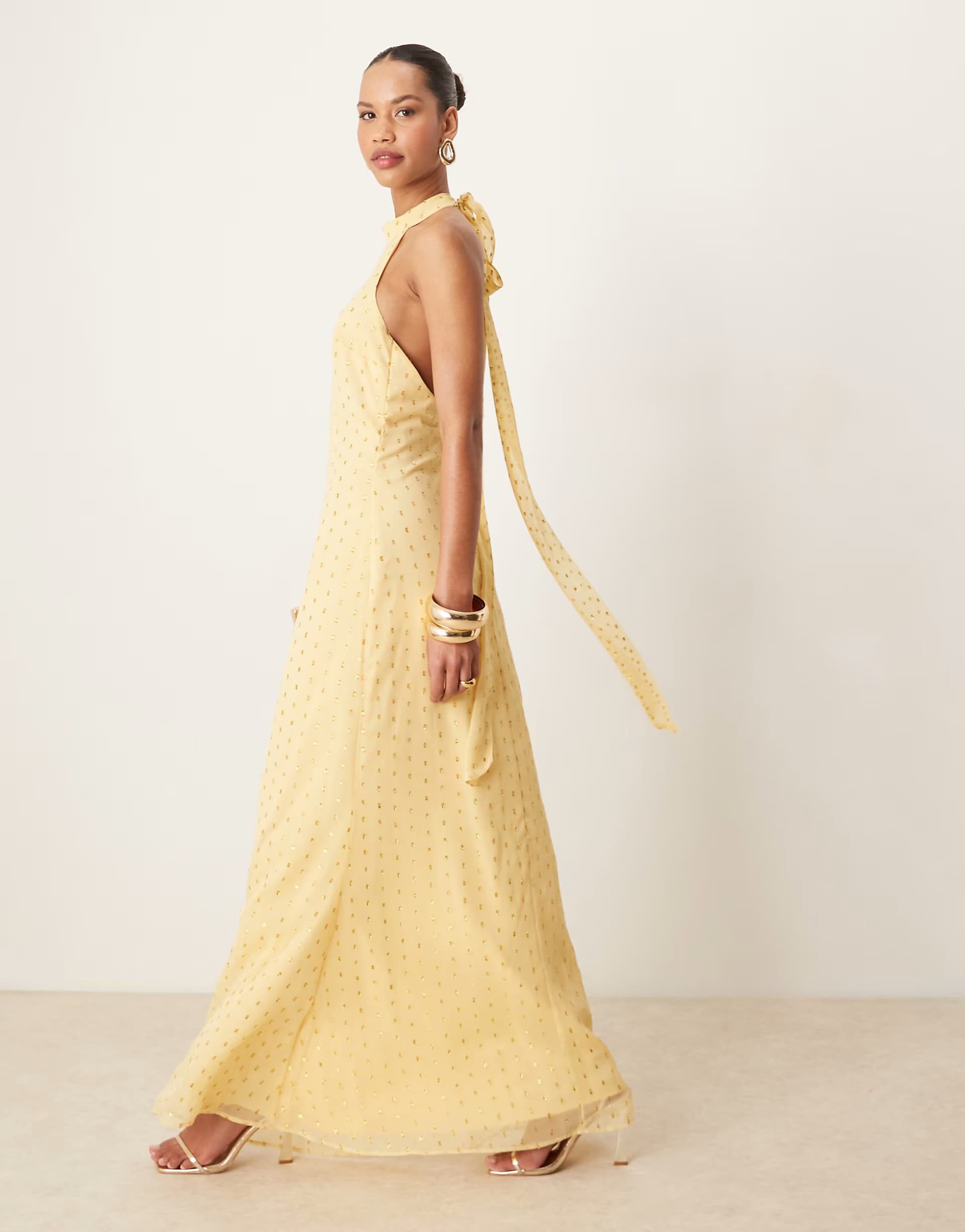 ASOS Anaya Gold foil halter neck maxi dress in butter yellow