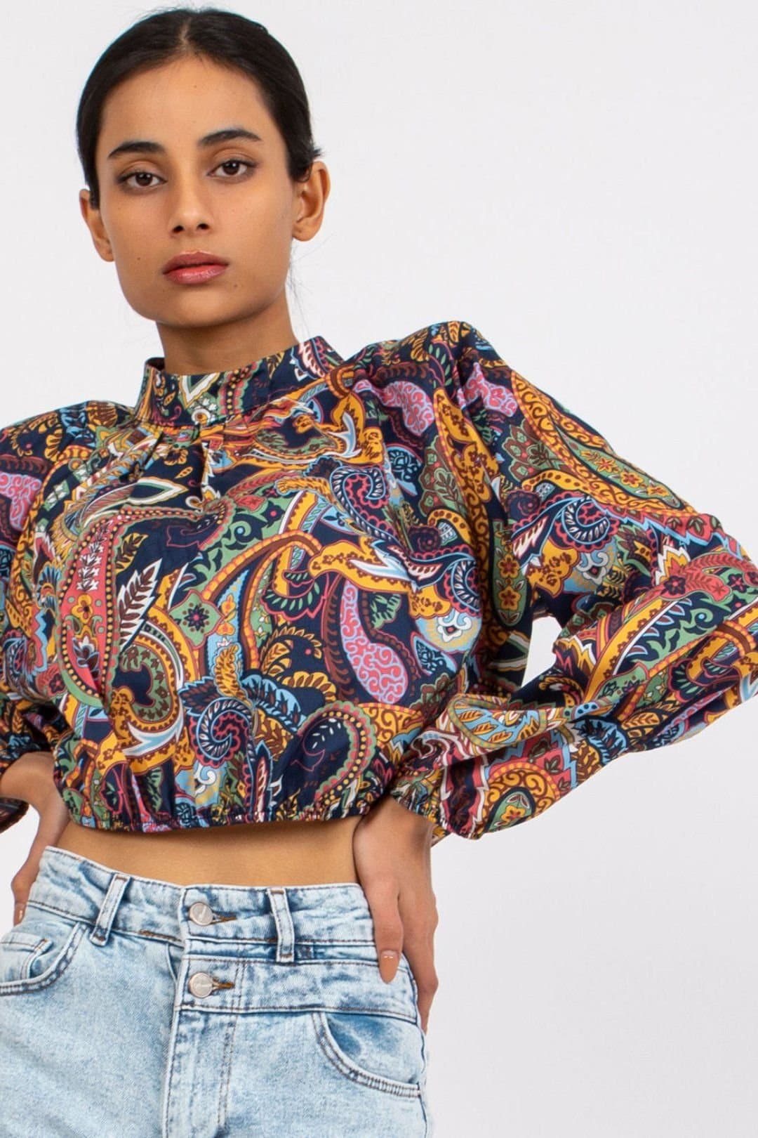 Love Lace Love Lace Women's Stand Collar Short Blouse with Long Sleeves in Blue