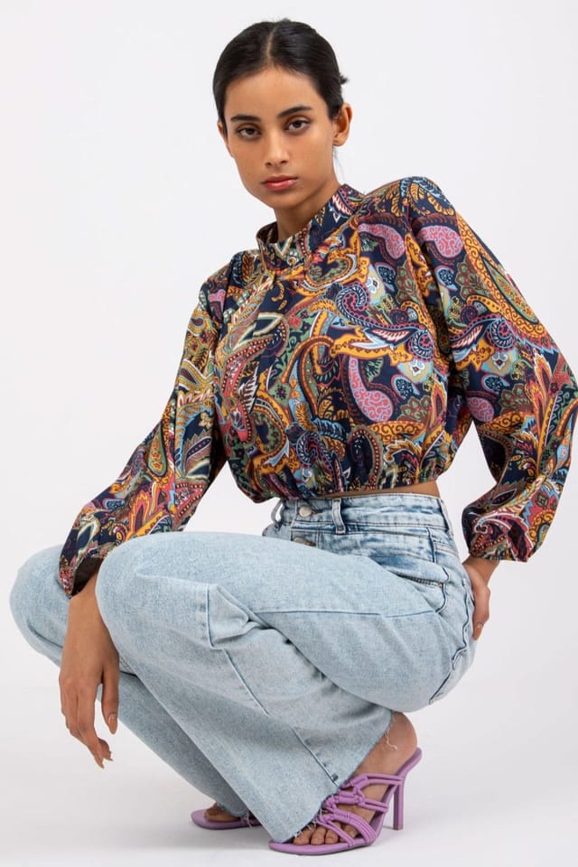 Love Lace Love Lace Women's Stand Collar Short Blouse with Long Sleeves in Blue - 3