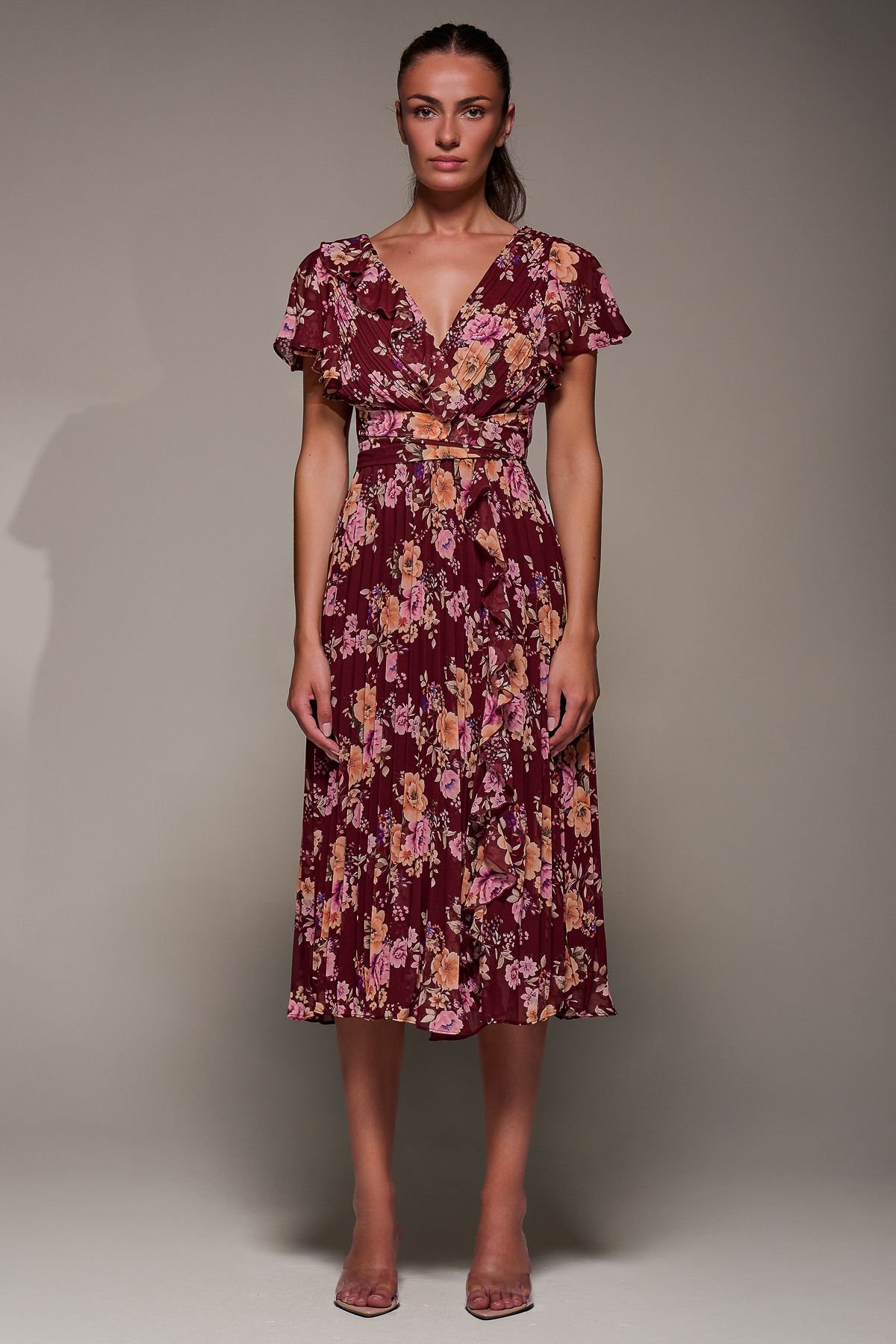 Jolie Moi Jolie Moi Women's Printed Ruffle Detail Pleated Chiffon Midi Dress in Burgundy - 4