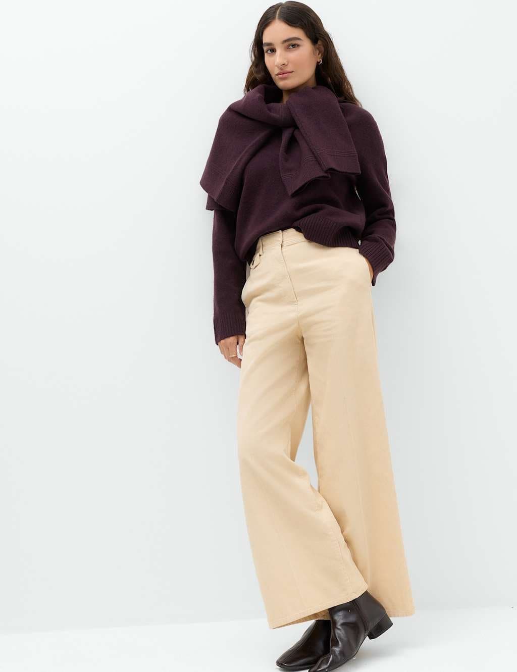 Marks & Spencer M&S Pure Cotton Cord Wide Leg Trousers Beige