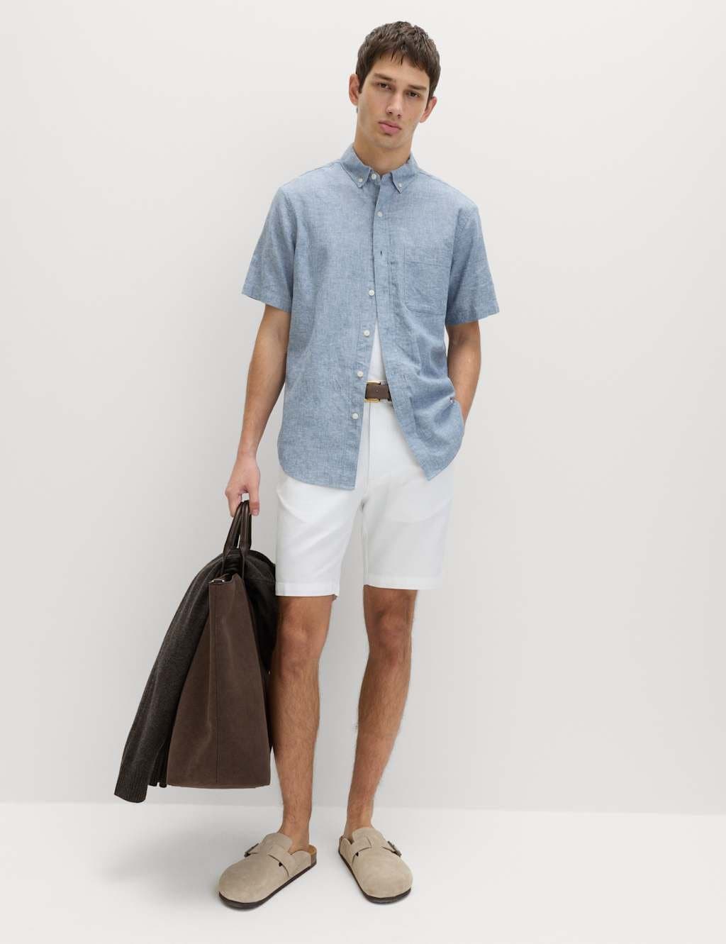Marks & Spencer M&S Regular Fit Linen Rich Short Sleeve Shirt Chambray
