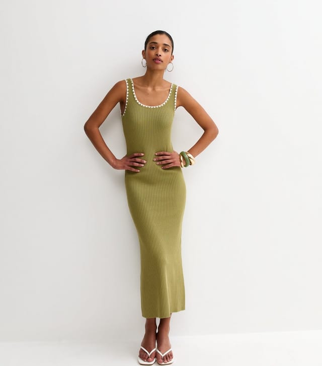 New Look Women's Khaki Ribbed Knit Tipped Maxi Dress New Look - 2