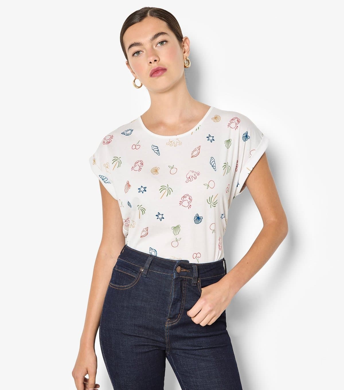 Apricot Women's White Coastal Print Turn Up Sleeve T-Shirt Apricot New Look