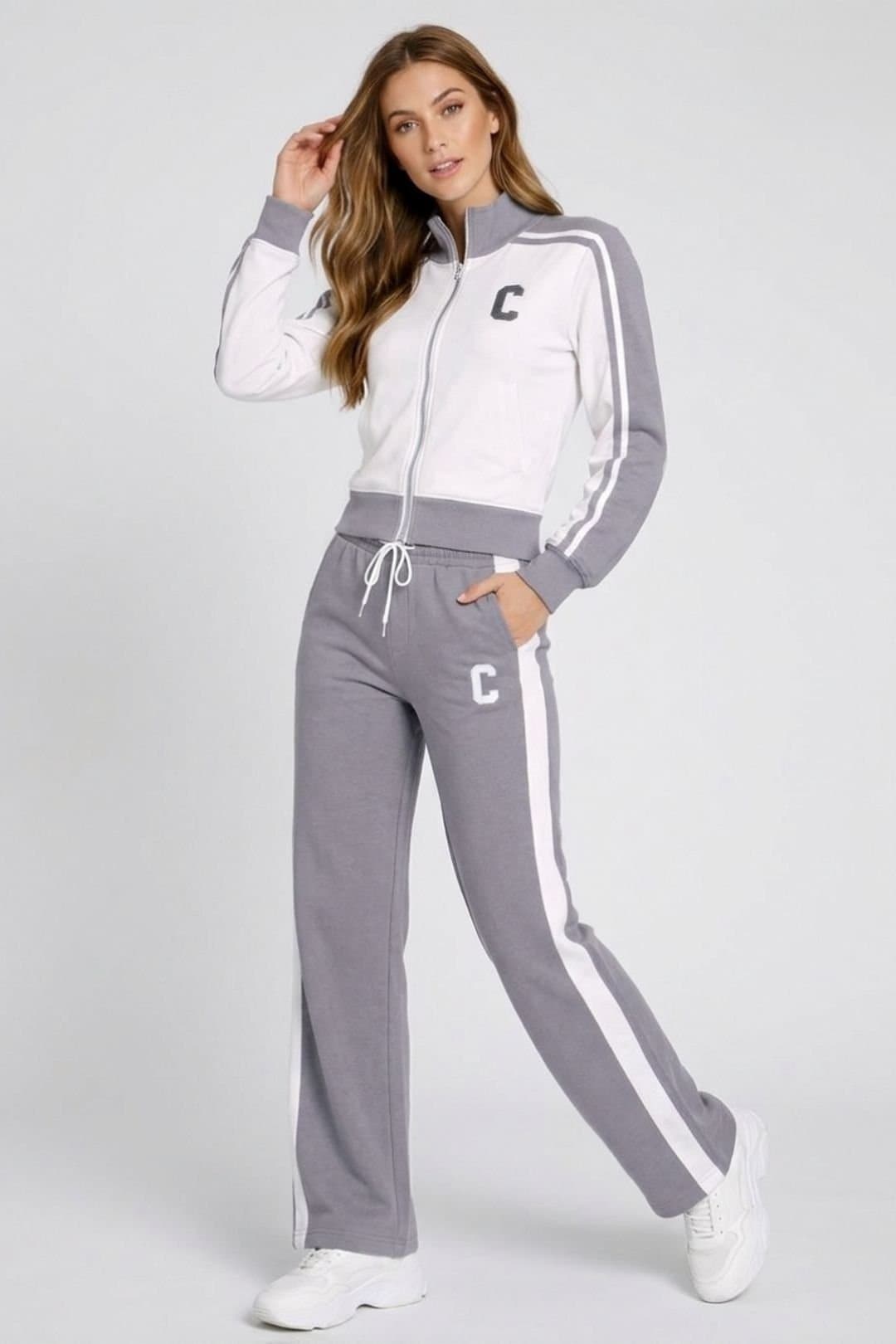 STYLEWISE STYLEWISE Women's Fleece Co-ord Zip-Up Jacket & Jogger Set in Light Grey