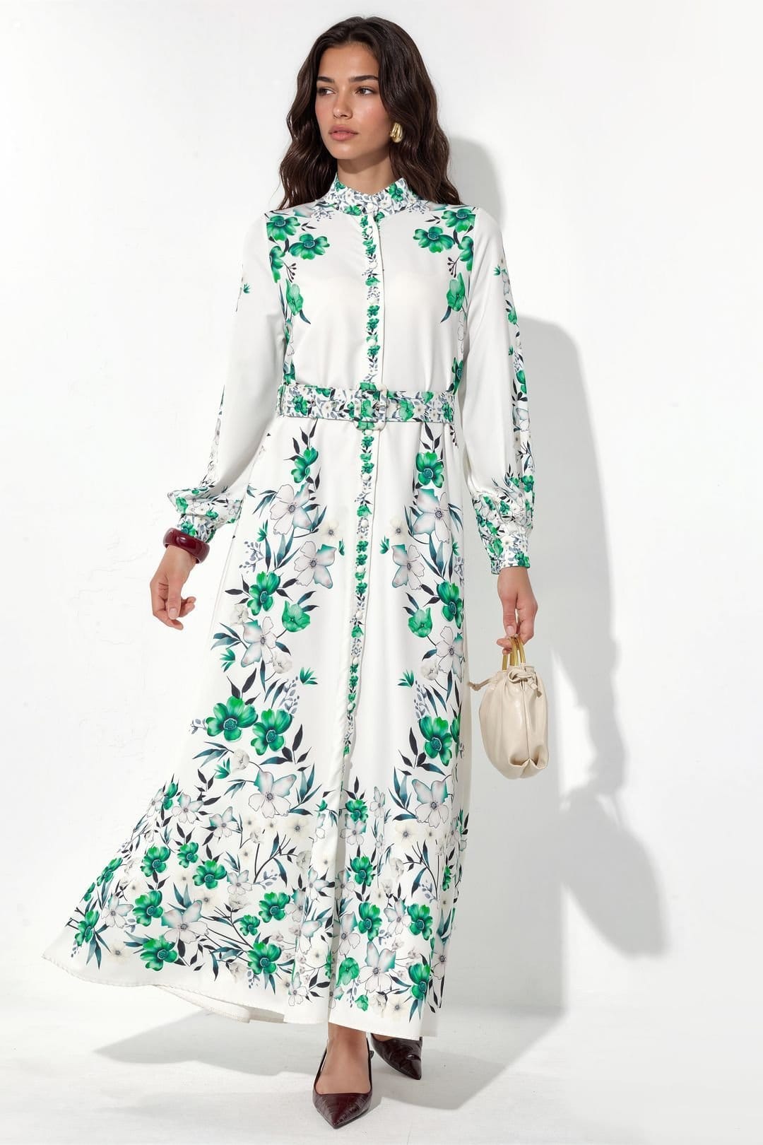 MSN Collection White Floral Belted Maxi Shirt Dress