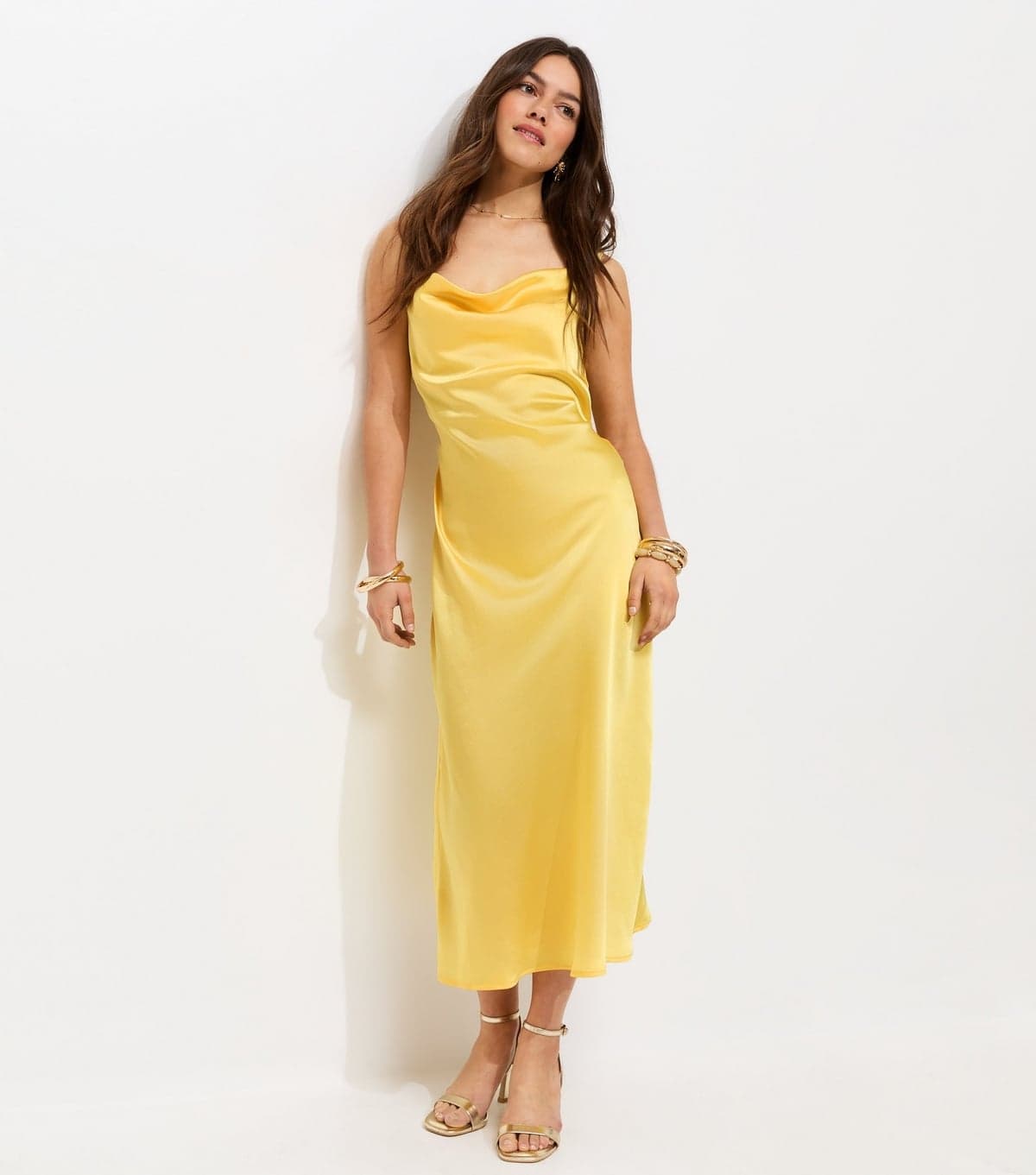New Look Women's Petite Light Yellow Satin Slip Midi Dress New Look