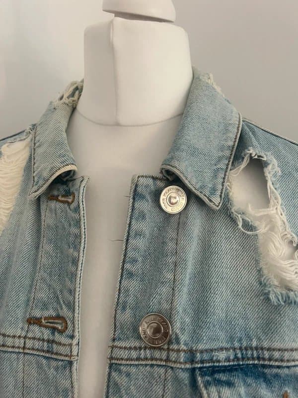 River Island River Island Heavily Distressed Light Wash Denim Jacket Size 8