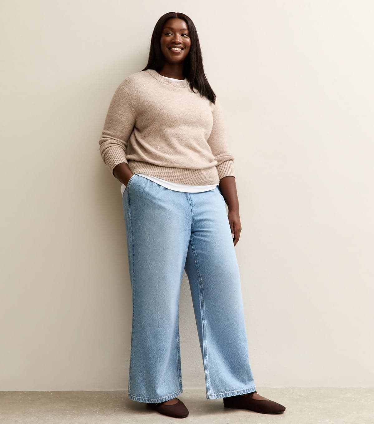 New Look Women's Plus Size Light Blue Drawstring Waist Pull On Wide Leg Jeans Curves New Look