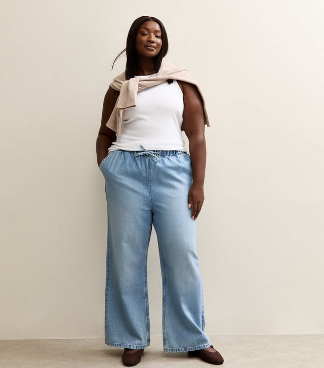 New Look Women's Plus Size Light Blue Drawstring Waist Pull On Wide Leg Jeans Curves New Look - 3