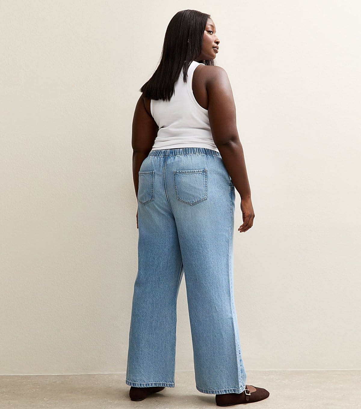 New Look Women's Plus Size Light Blue Drawstring Waist Pull On Wide Leg Jeans Curves New Look - 4