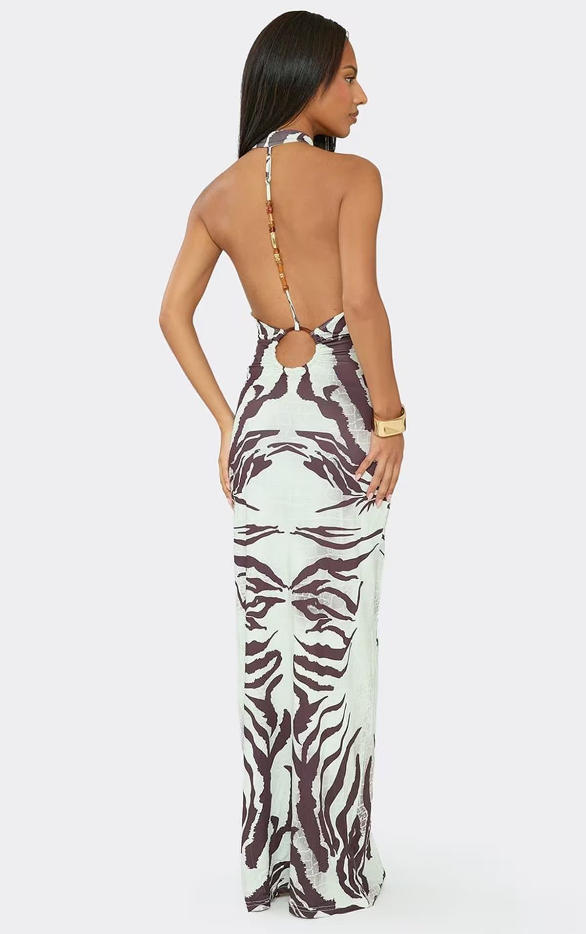 EGO High Neck Bead Detail Open Back Maxi Dress In Multi Animal Print, Women's Size UK 6