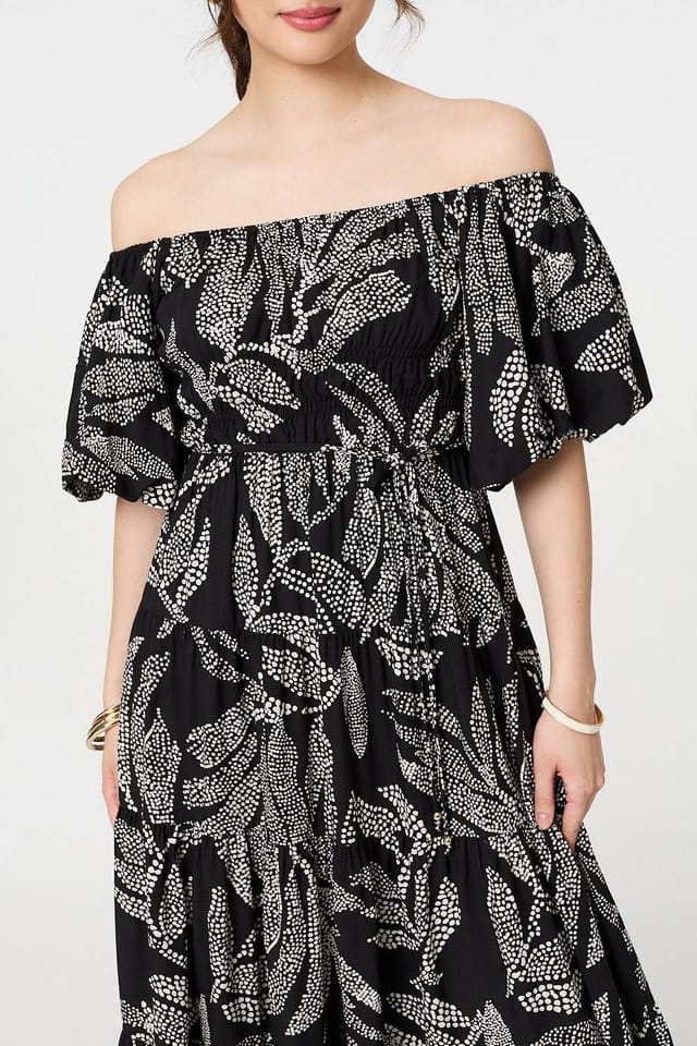 Izabel London Izabel London Women's Leaf Print Puff 1/2 Sleeve Midi Dress in Black - 2
