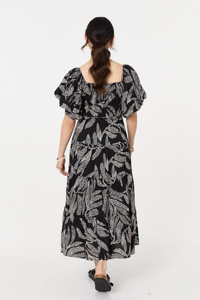 Izabel London Izabel London Women's Leaf Print Puff 1/2 Sleeve Midi Dress in Black - 3