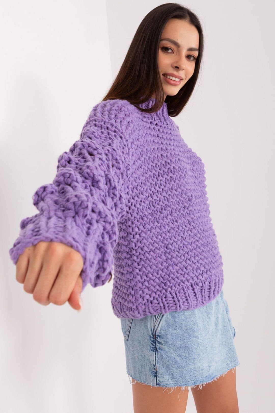 Love Lace Love Lace Women's Textured Puff Sleeve Round Neck Sweater Style 186592 in Violet
