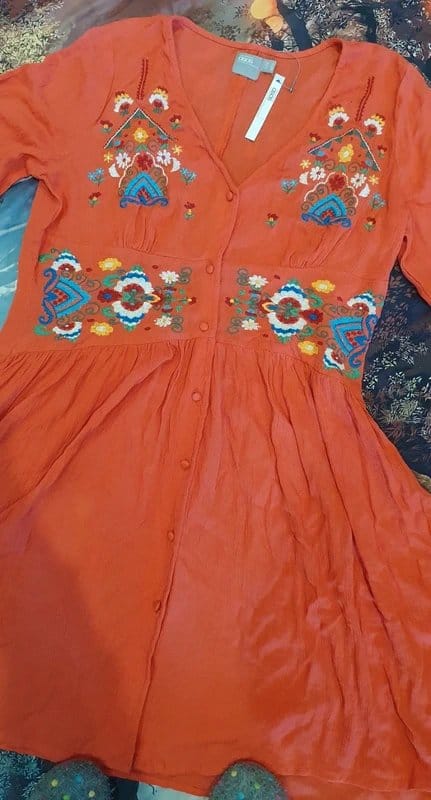 ASOS Coral Crepe Fit and Flare Dress with Embroidery