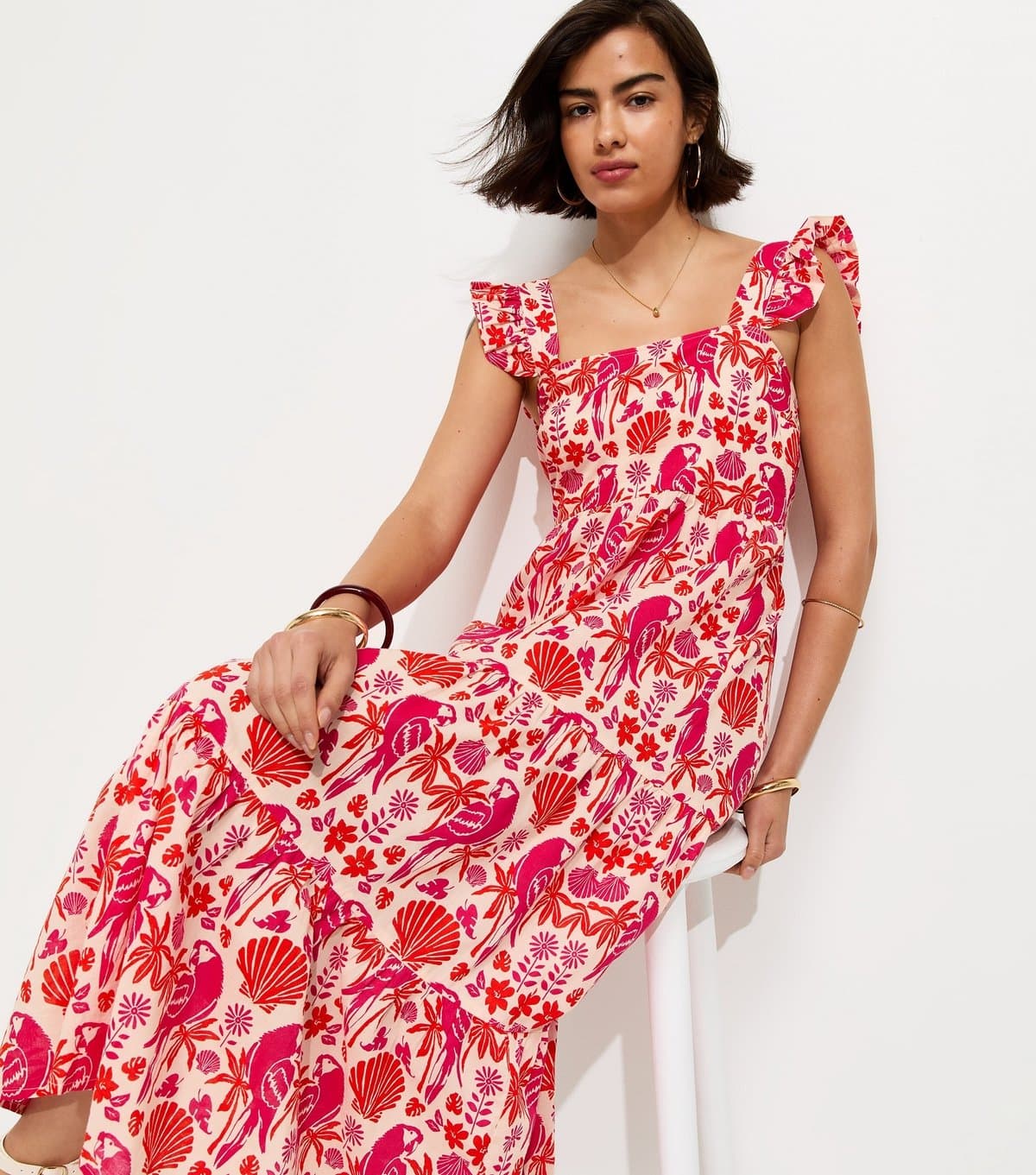 New Look Women's Pink Parrot Patterned Ruffle Strap Midi Dress New Look