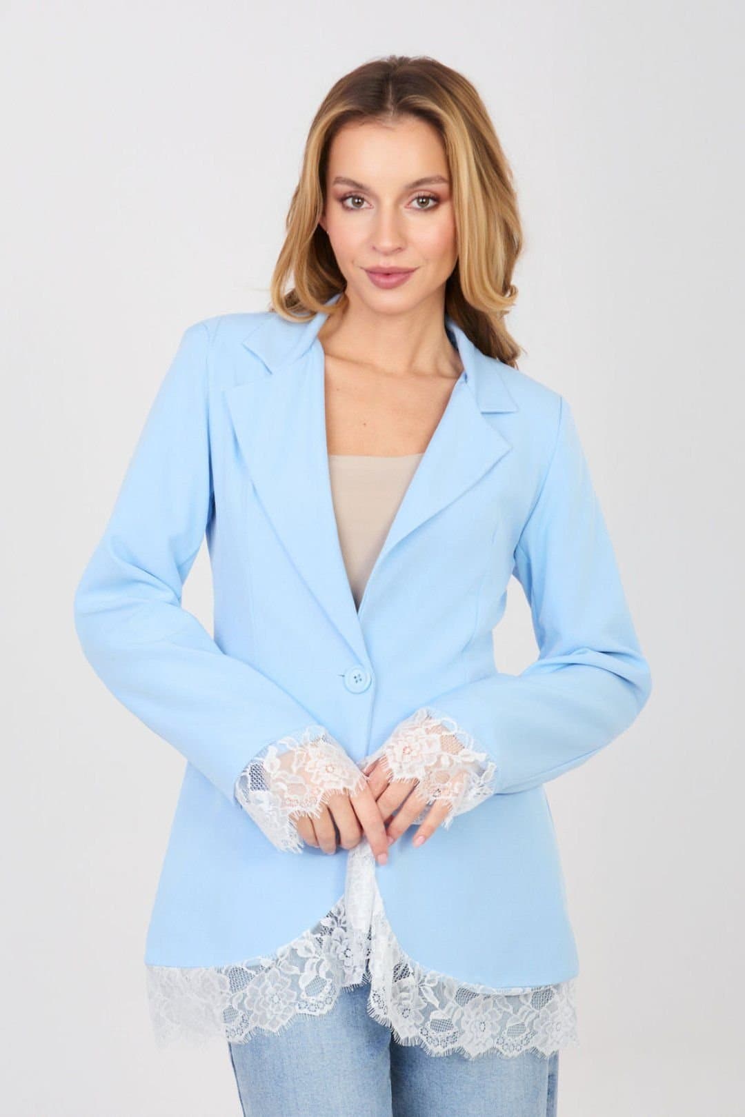 Love Lace Love Lace Women's Elegant Lace Trim Single Button Blazer in Blue