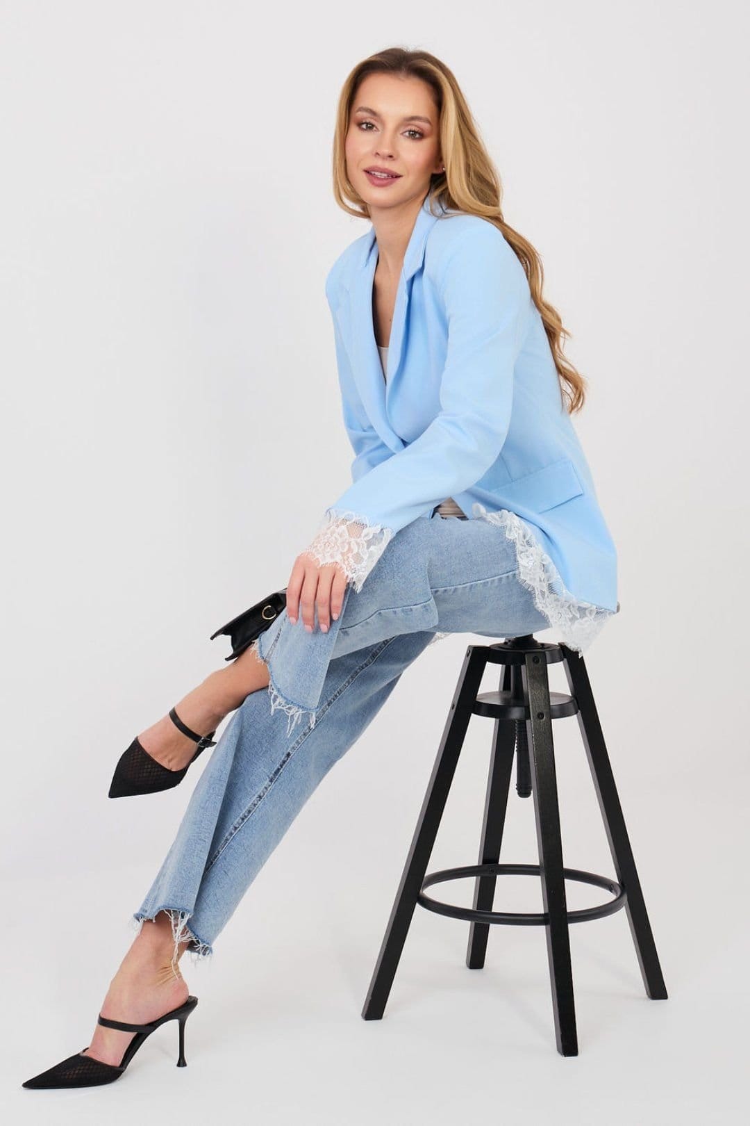 Love Lace Love Lace Women's Elegant Lace Trim Single Button Blazer in Blue - 4