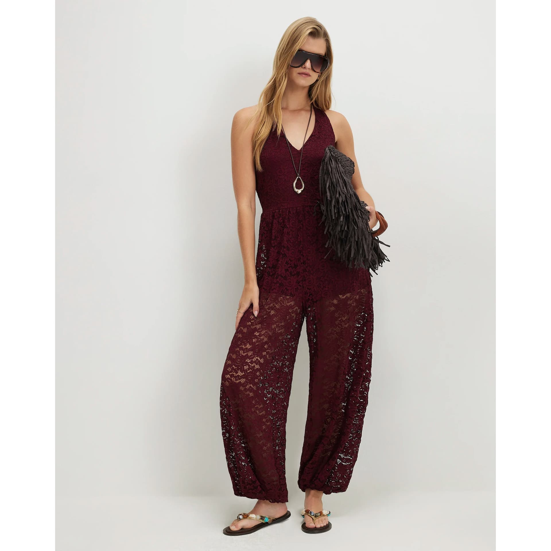 River Island River Island Womens Burgundy Lace Balloon Leg Jumpsuit