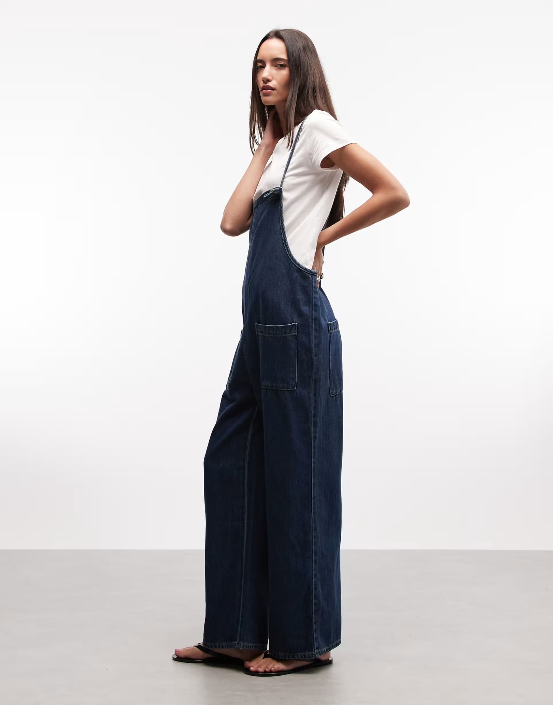 ASOS Monki denim wide leg jumpsuit in blue wash