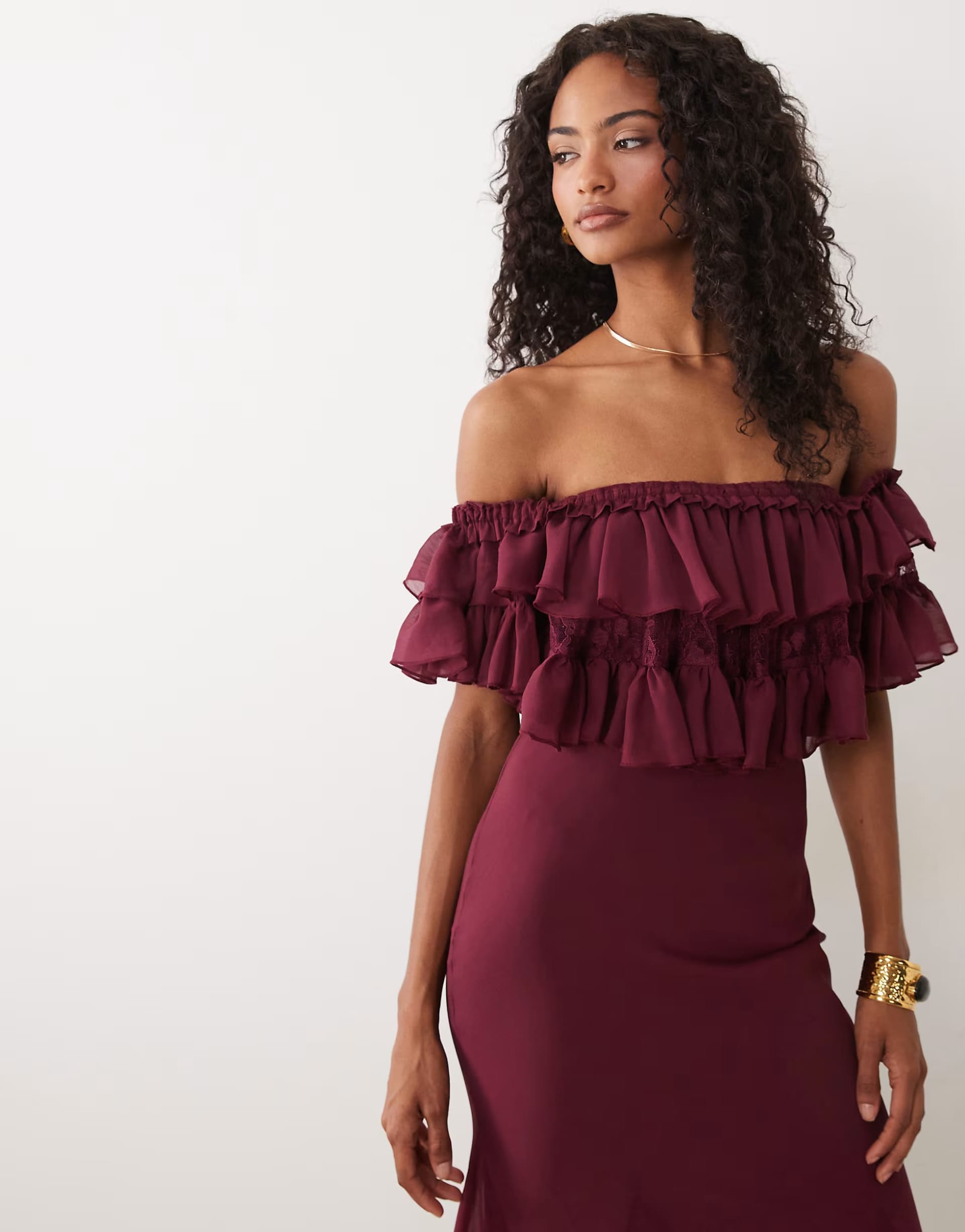 ASOS DESIGN Burgundy Lace Mix Bardot Off Shoulder Ruffle Midi