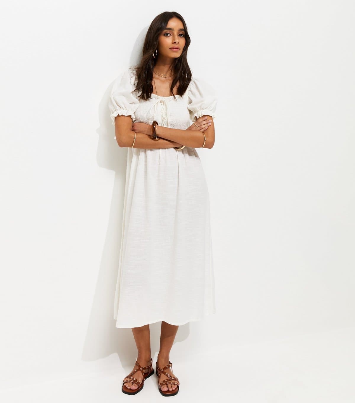 New Look Women's White Cotton Shirred Short Sleeve Midi Dress New Look