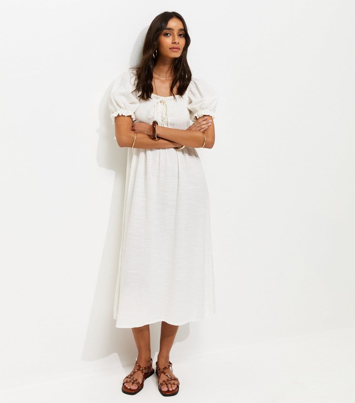New Look White Cotton Shirred Short Sleeve Midi Dress
