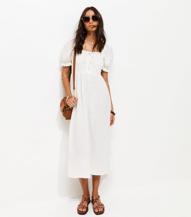 New Look Women's White Cotton Shirred Short Sleeve Midi Dress New Look - 2
