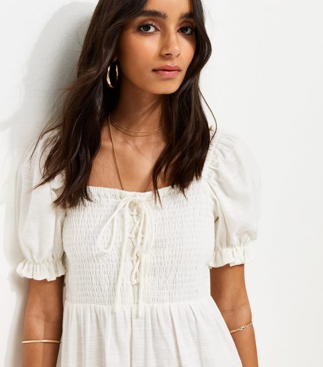 New Look Women's White Cotton Shirred Short Sleeve Midi Dress New Look - 3