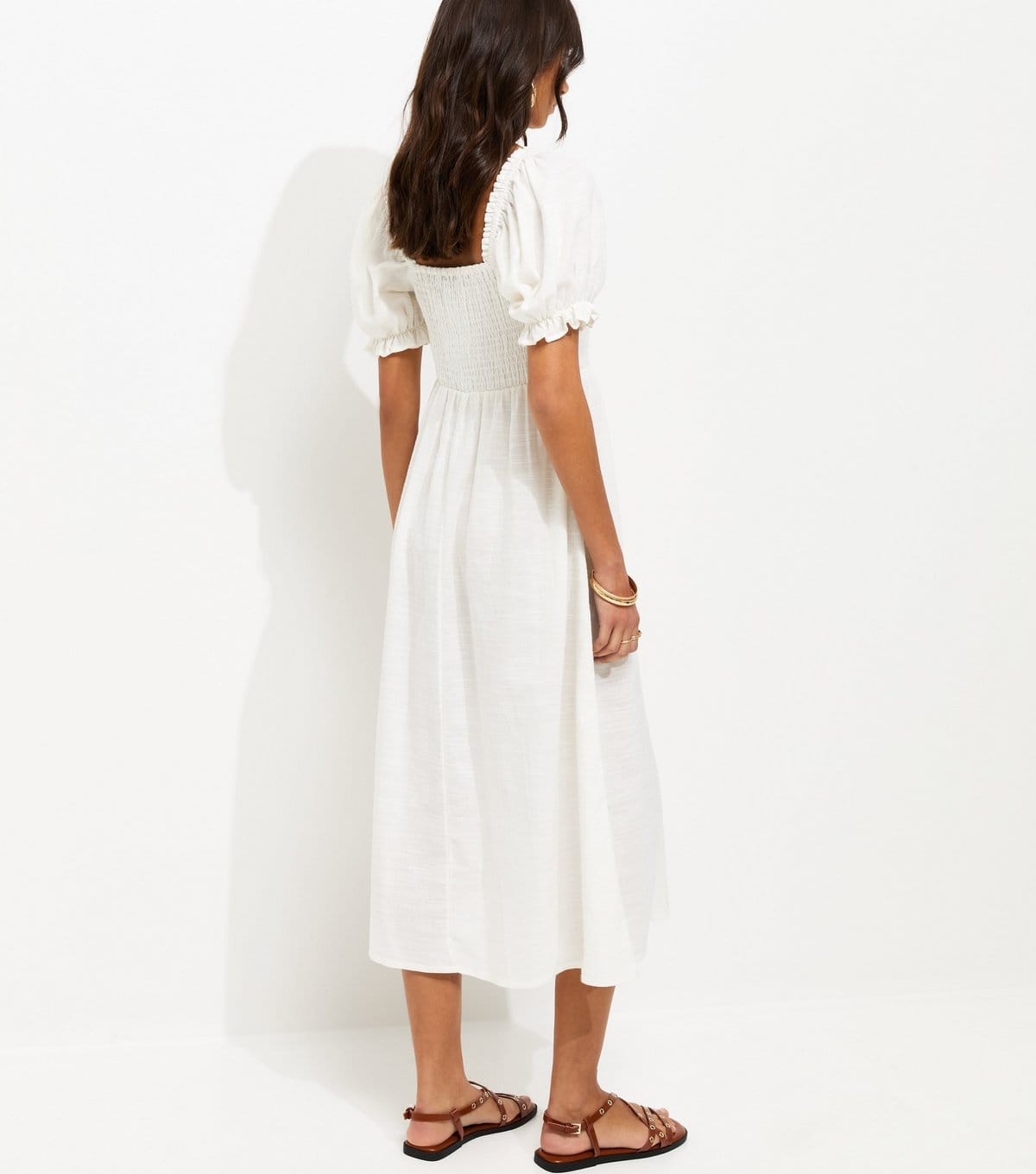 New Look Women's White Cotton Shirred Short Sleeve Midi Dress New Look - 4