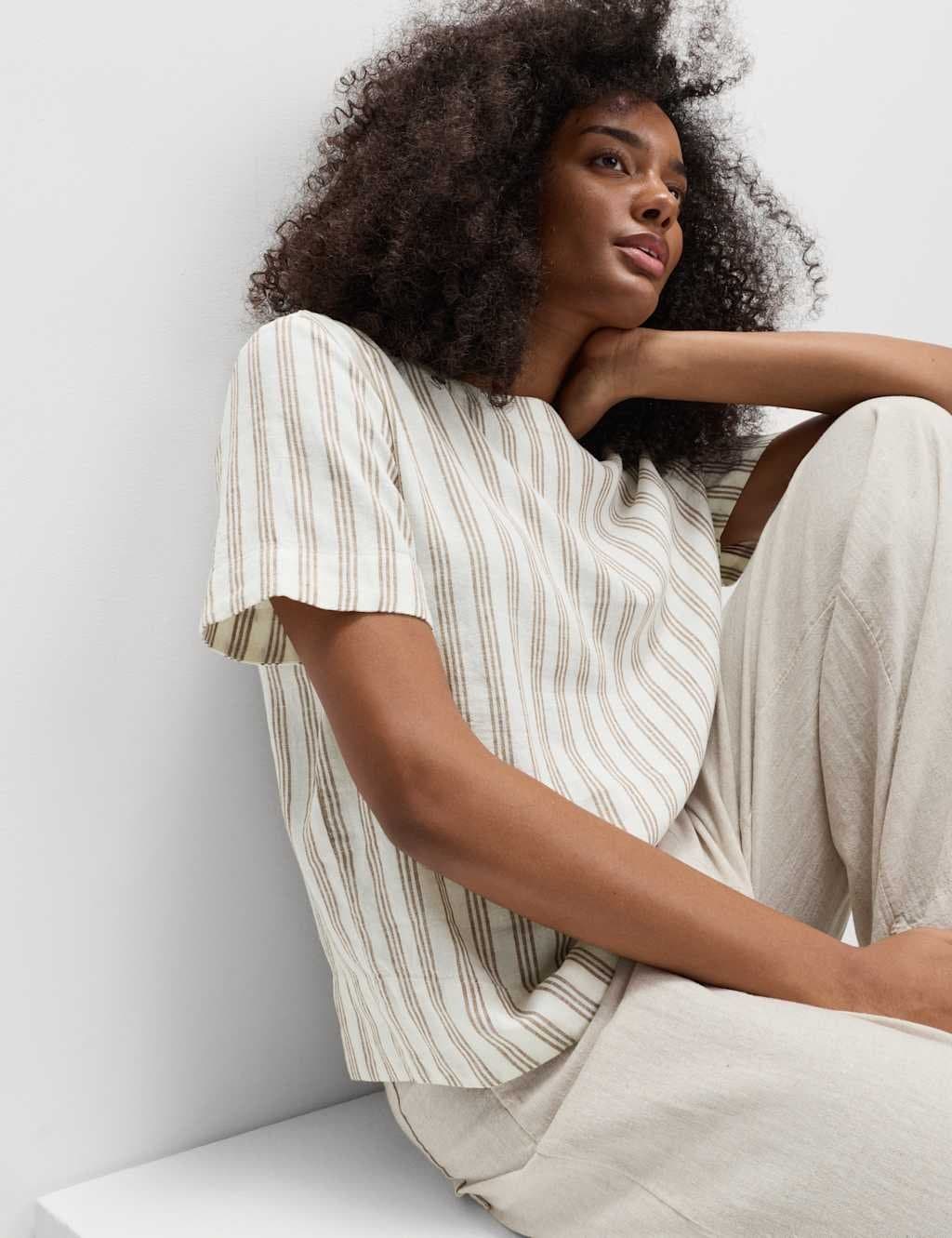 Marks & Spencer M&S Linen Rich Striped Relaxed T-Shirt Brown Mix