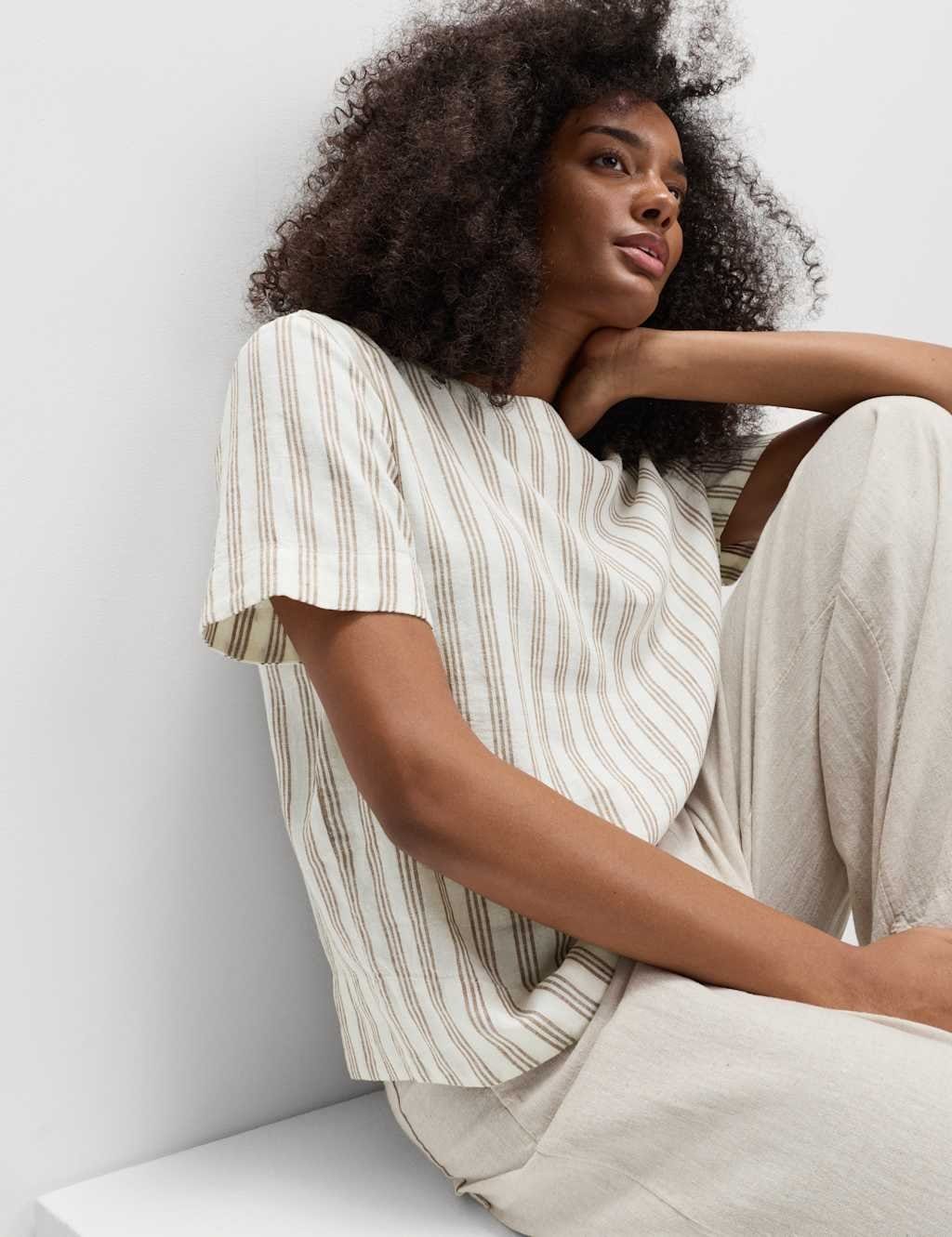 M&S Brown Mix Linen Striped Relaxed T-Shirt