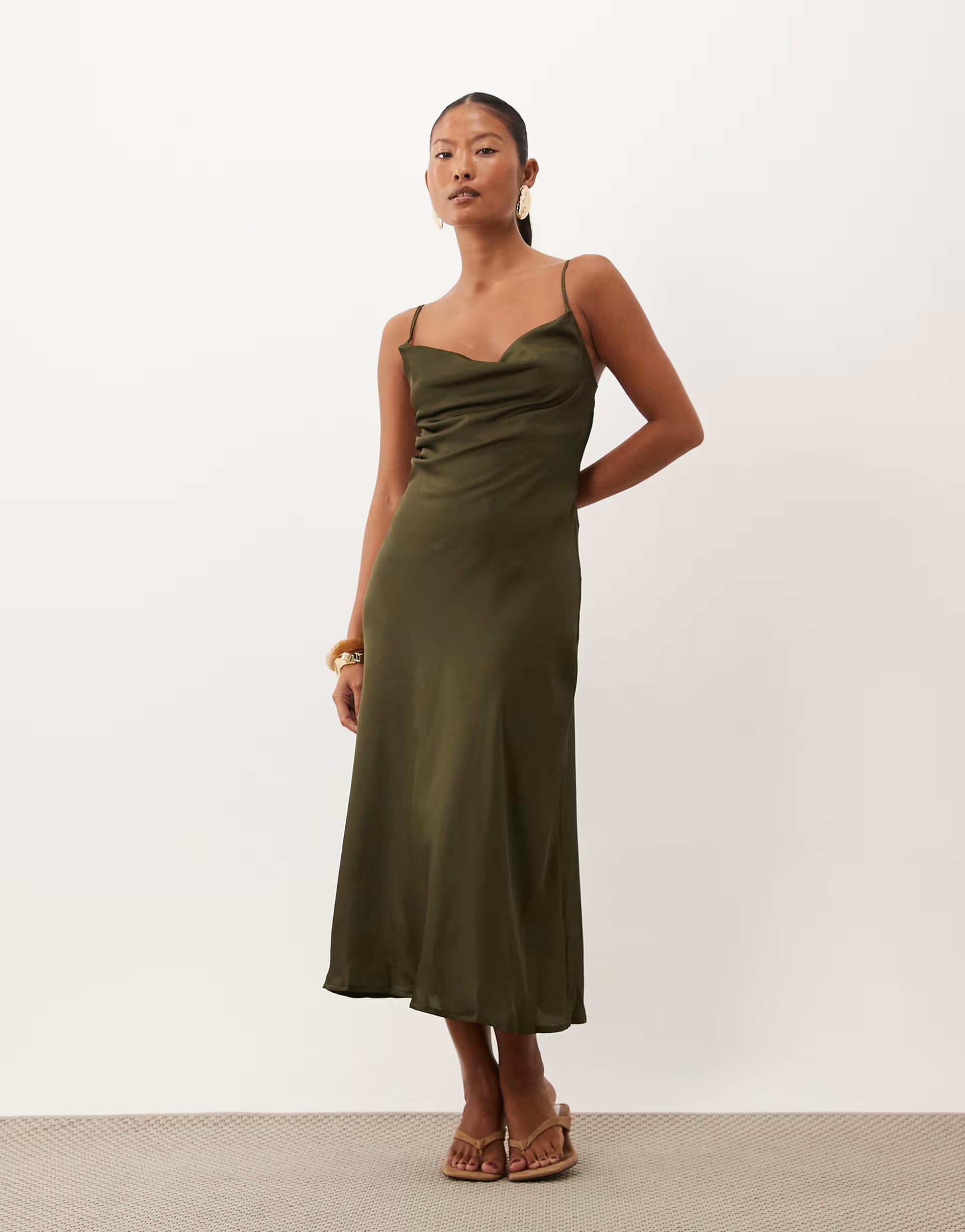 New Look Petite satin cowl neck midi dress in khaki