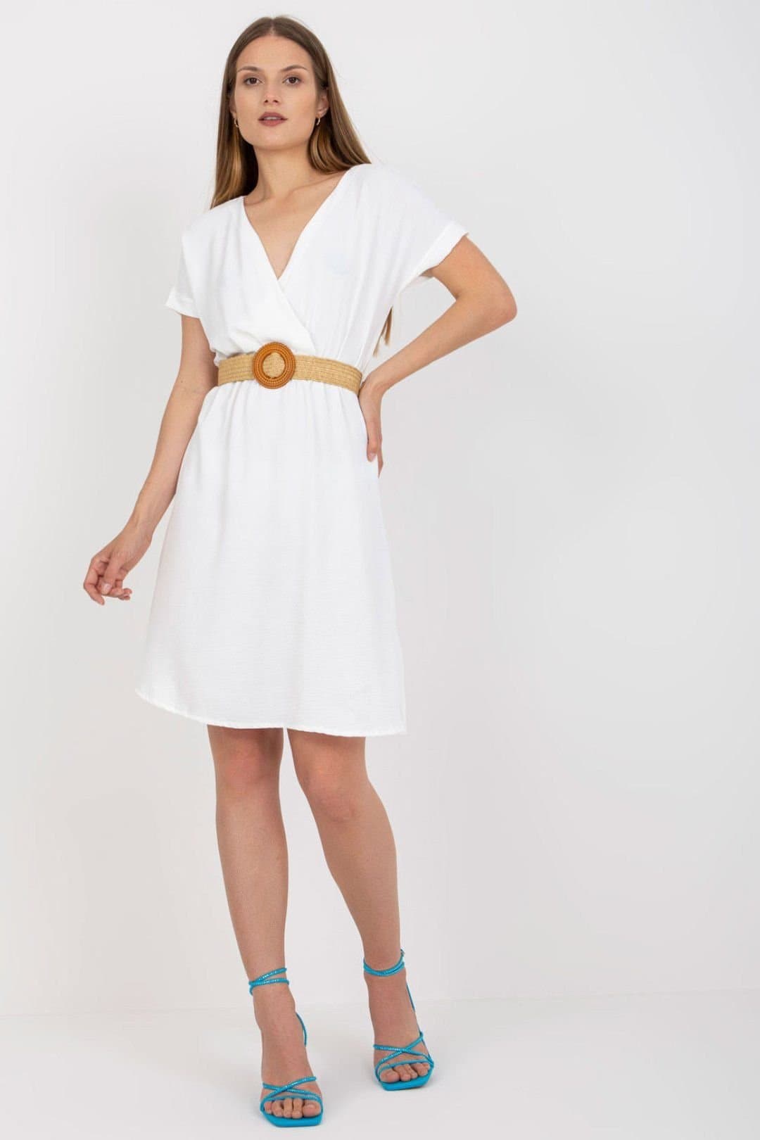 Love Lace Love Lace Women's Envelope Front Short Sleeve Daydress with Belt in White