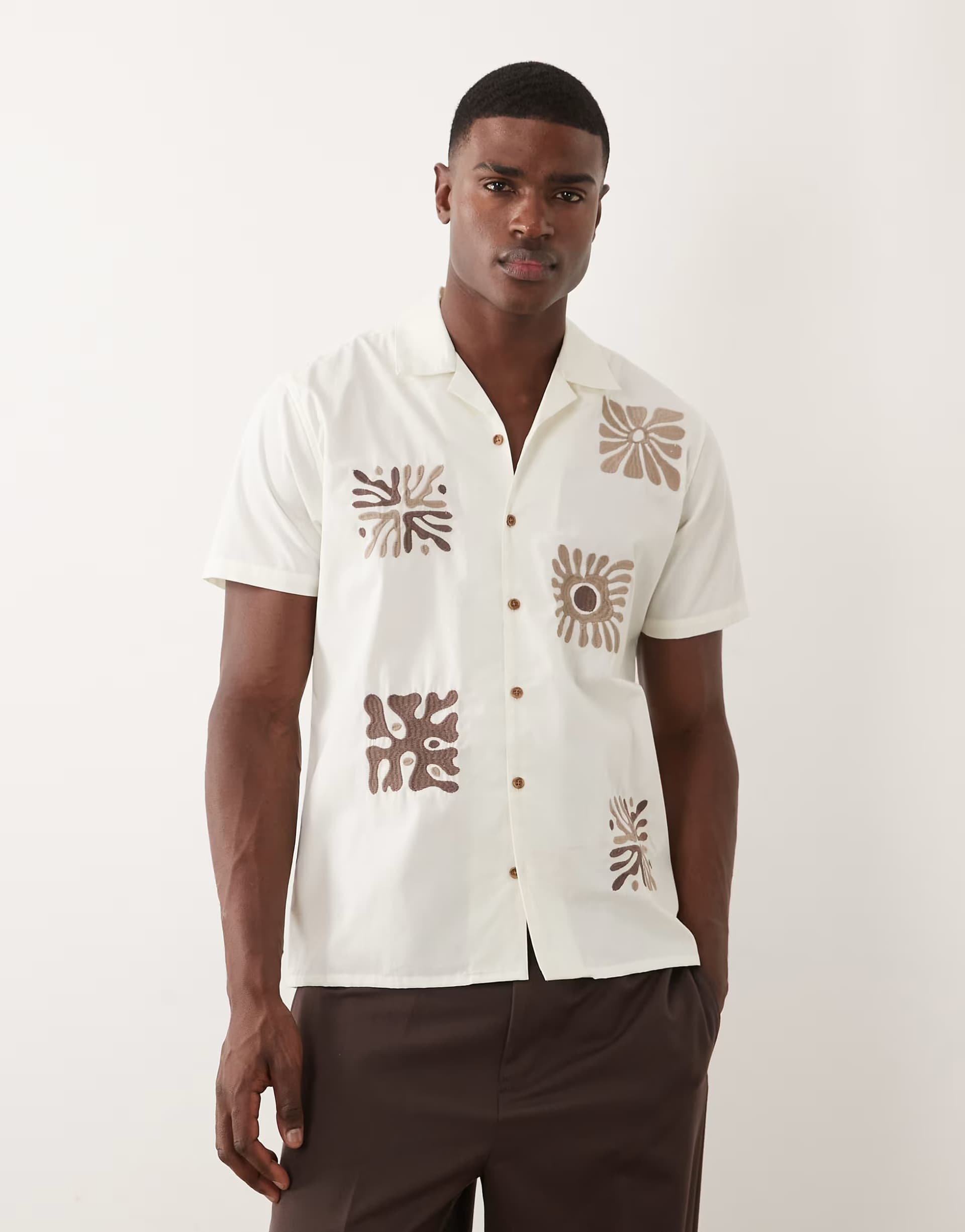 ASOS Threadbare short sleeve shirt with coral embroidery detail in ecru