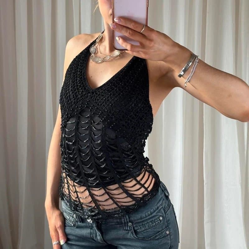 New Look Y2K black crochet beaded halterneck cami top