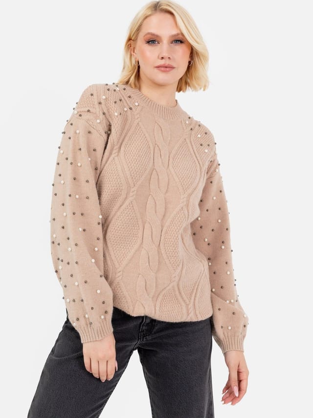 Lovedrobe Lovedrobe Women's Pearl Cable Knit Longline Jumper in Brown - 2
