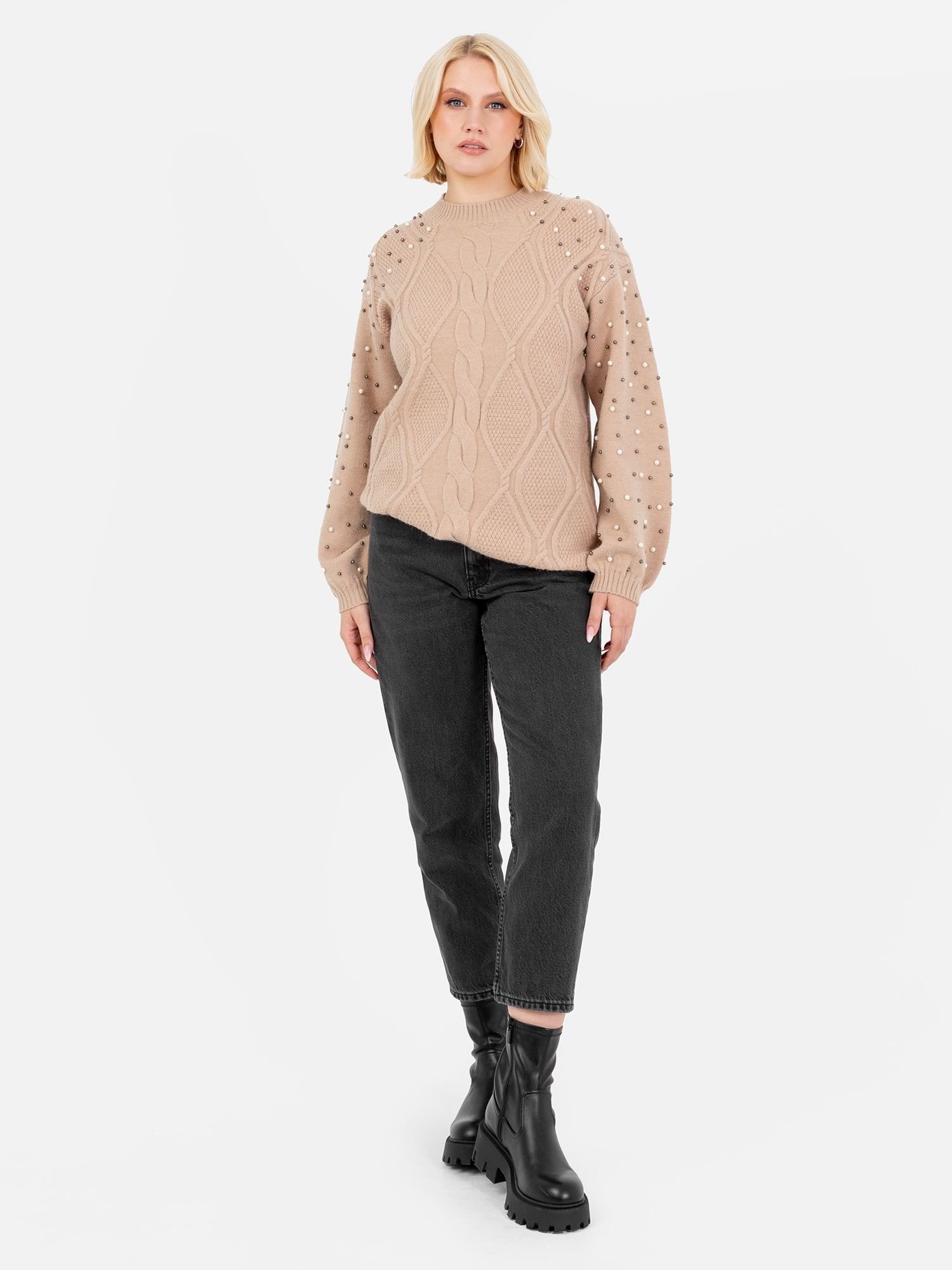 Lovedrobe Lovedrobe Women's Pearl Cable Knit Longline Jumper in Brown - 3