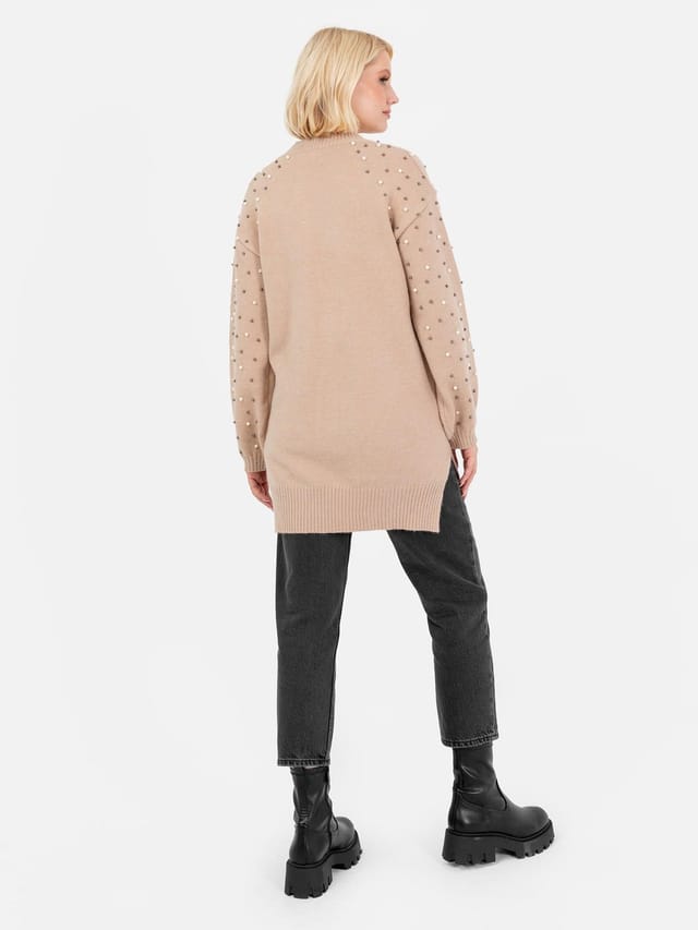 Lovedrobe Lovedrobe Women's Pearl Cable Knit Longline Jumper in Brown - 3