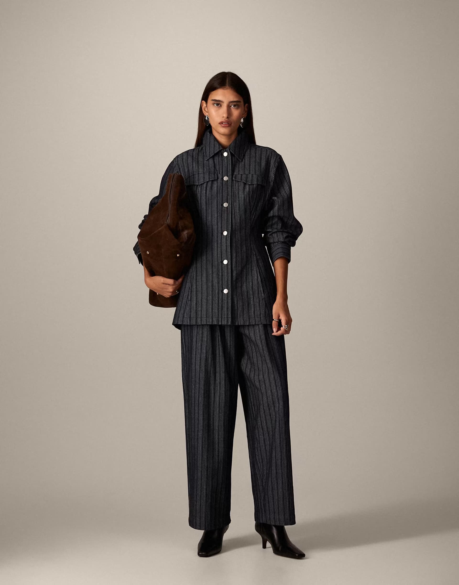 ASOS ARRANGE denim jacquard nipped waist jacket and wide leg trouser co ord in indigo