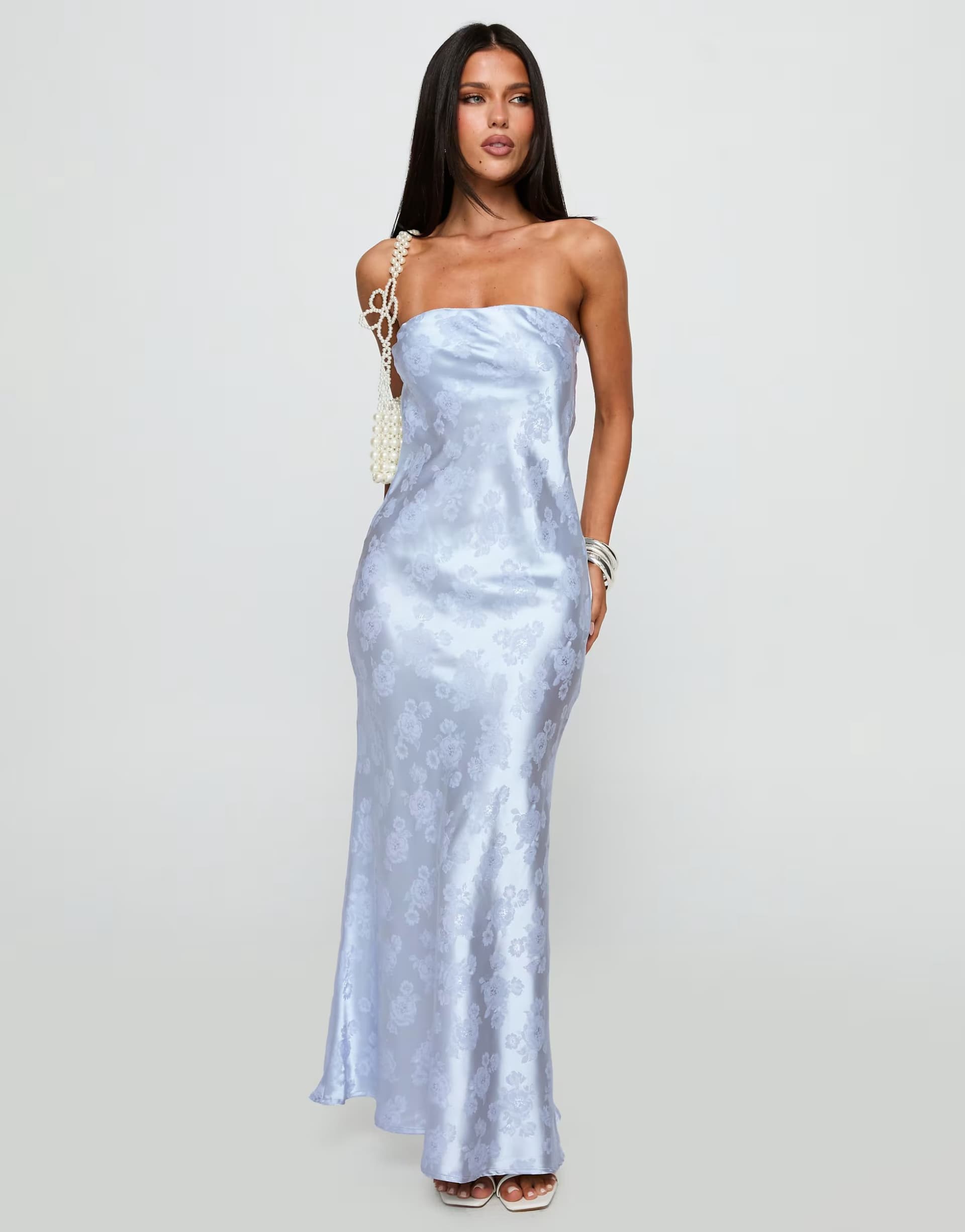 ASOS Princess Polly Haley satin floral jacquard bandeau tie cowl back detail maxi dress in light blue