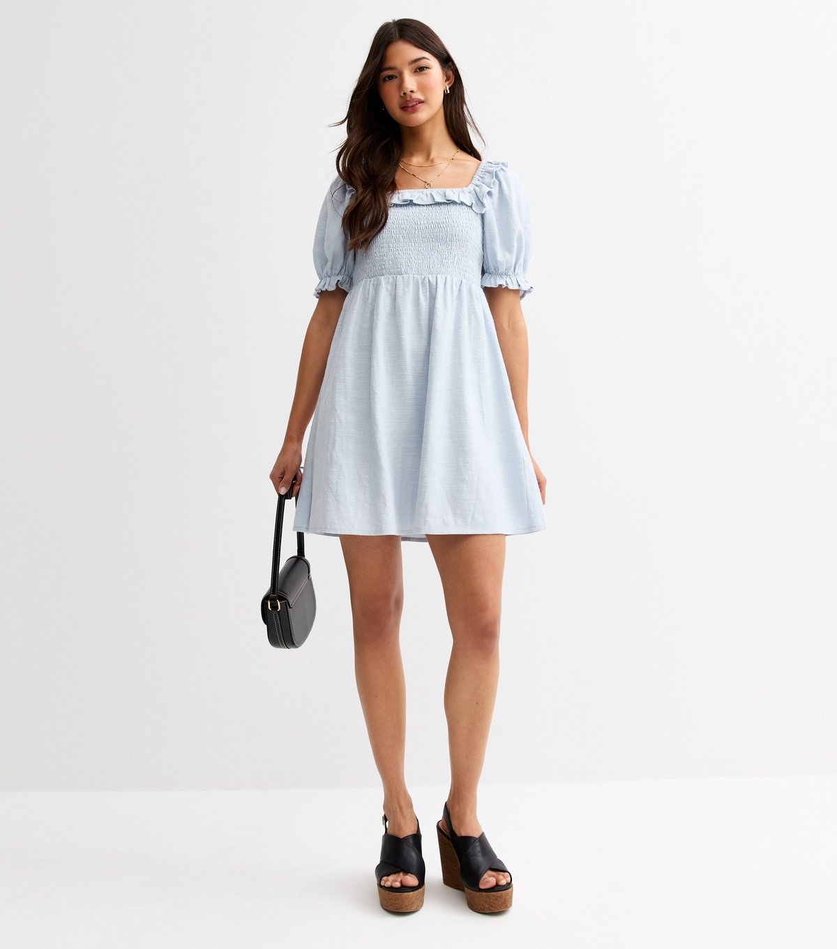 New Look Women's Light Blue Puff Sleeve Shirred Mini Dress New Look - 3