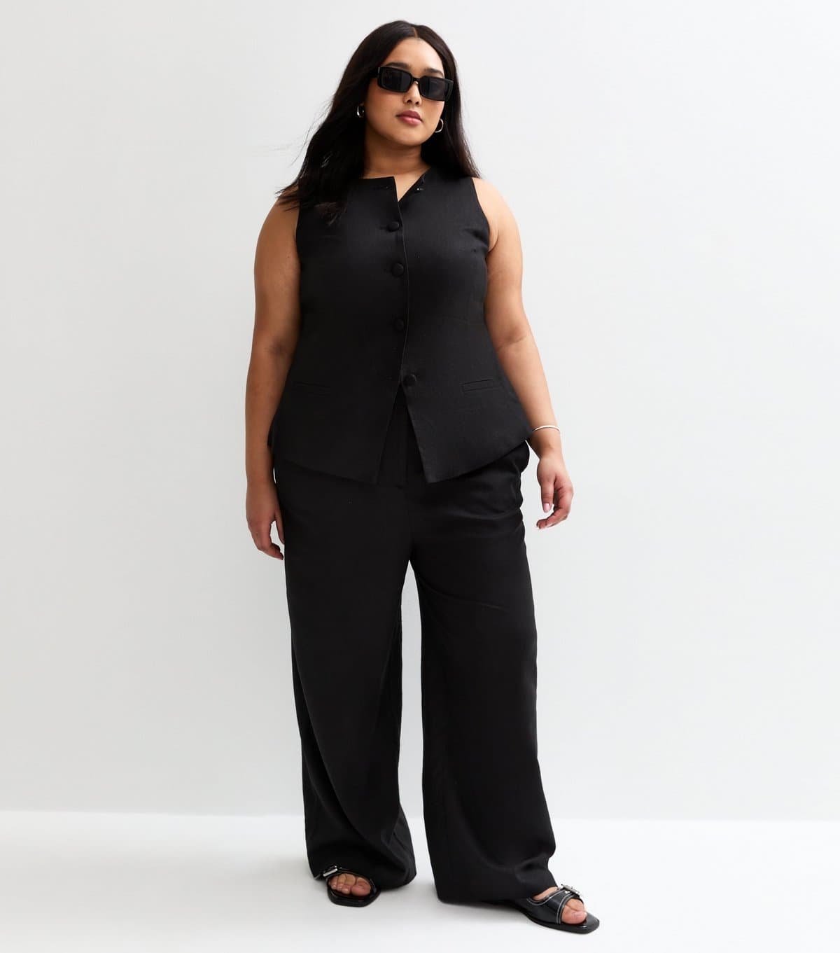New Look Women's Plus Size Black Linen Blend Wide Leg Trousers Curves New Look
