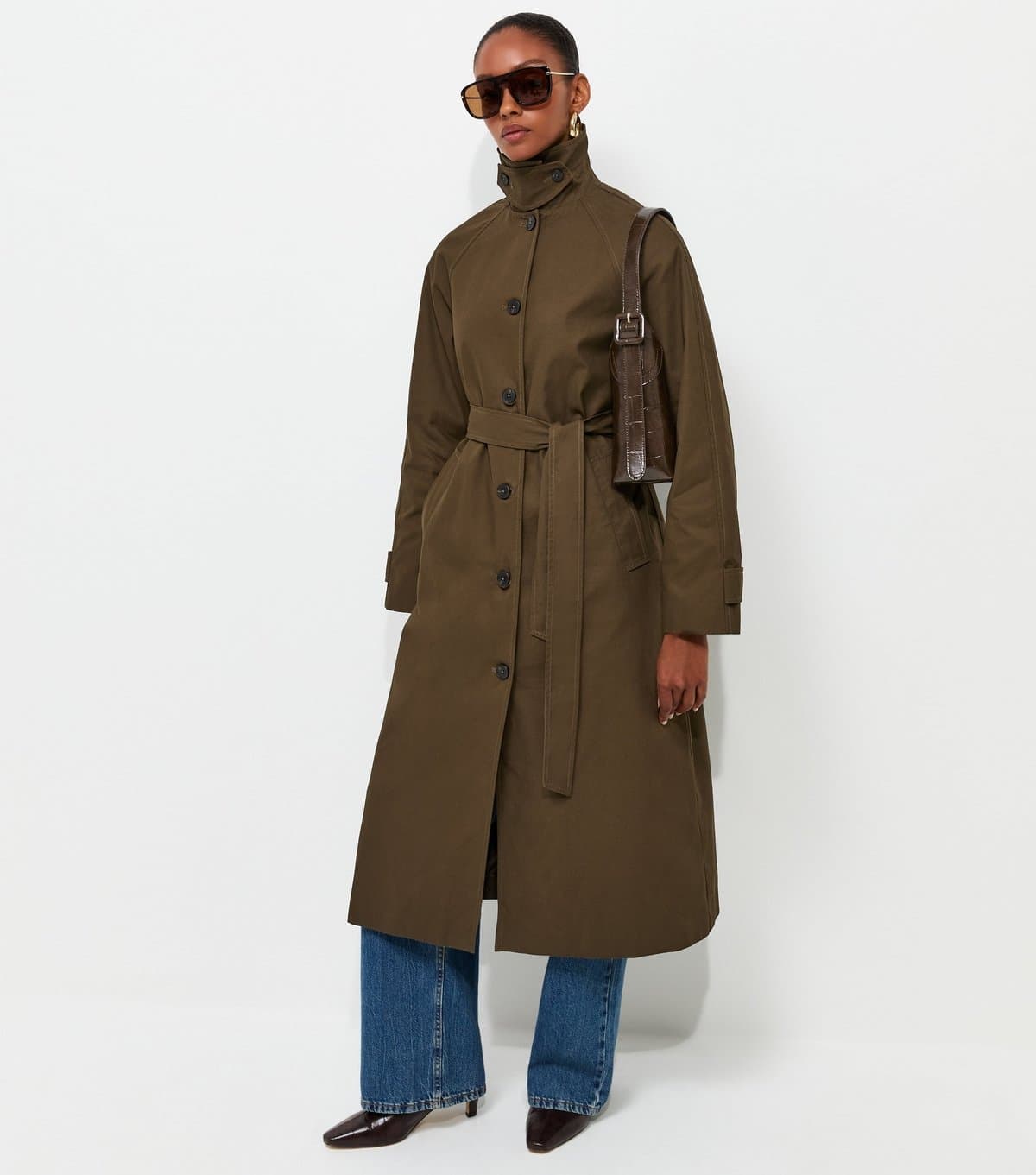 New Look Women's Dark Khaki Cotton Funnel Neck Car Coat New Look