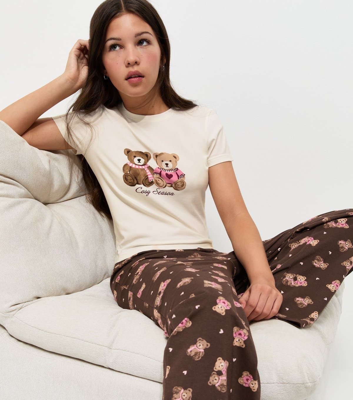 New Look Girls' Cotton Rich Brown Bear Print Wide Leg Pyjama Set New Look